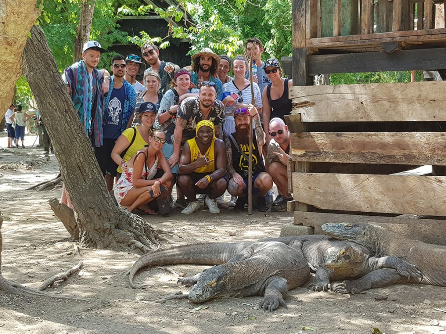 A group of travellers watching Komodo Dragons