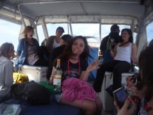 Jenny and fellow travellers enjoying a drink on the tour boat