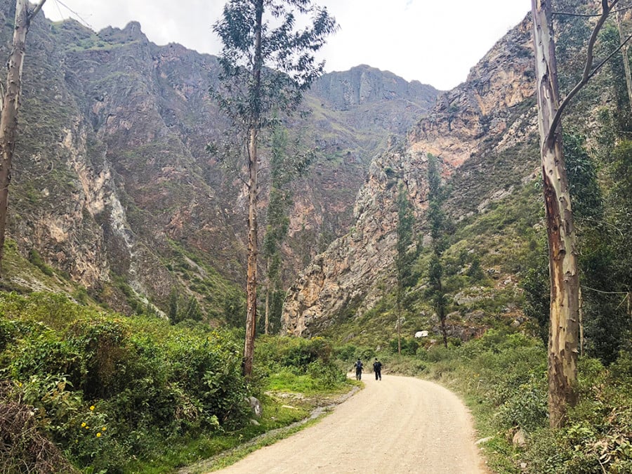 Travellers walking down a path between large mountains