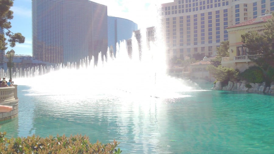 Water jets rise in a water display at Bellagio Gardens in Las Vegas