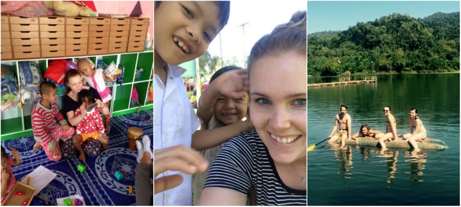 Travellers volunteering with kids in a childcare facility and sitting on a canoe