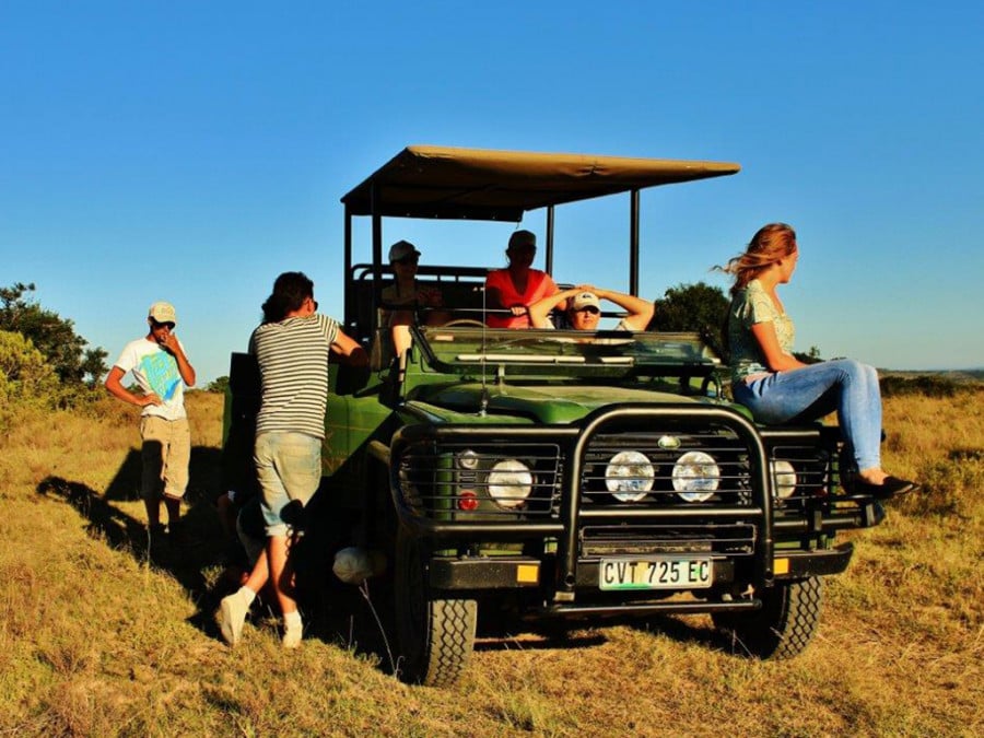 Travellers in and around a 4x4 vehicle