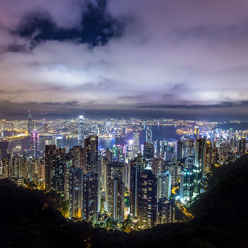The bright city skyline of Hong Kong