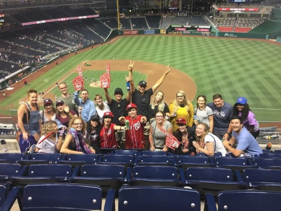 Travellers in the stands at an American baseball game