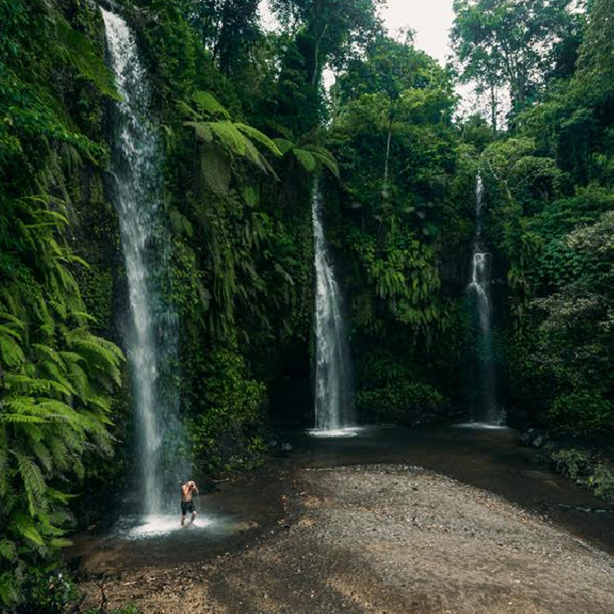 Three waterfall streams in a dense jungle