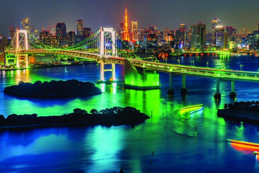 A Japanese bridge and city skyline lit up in neon lights