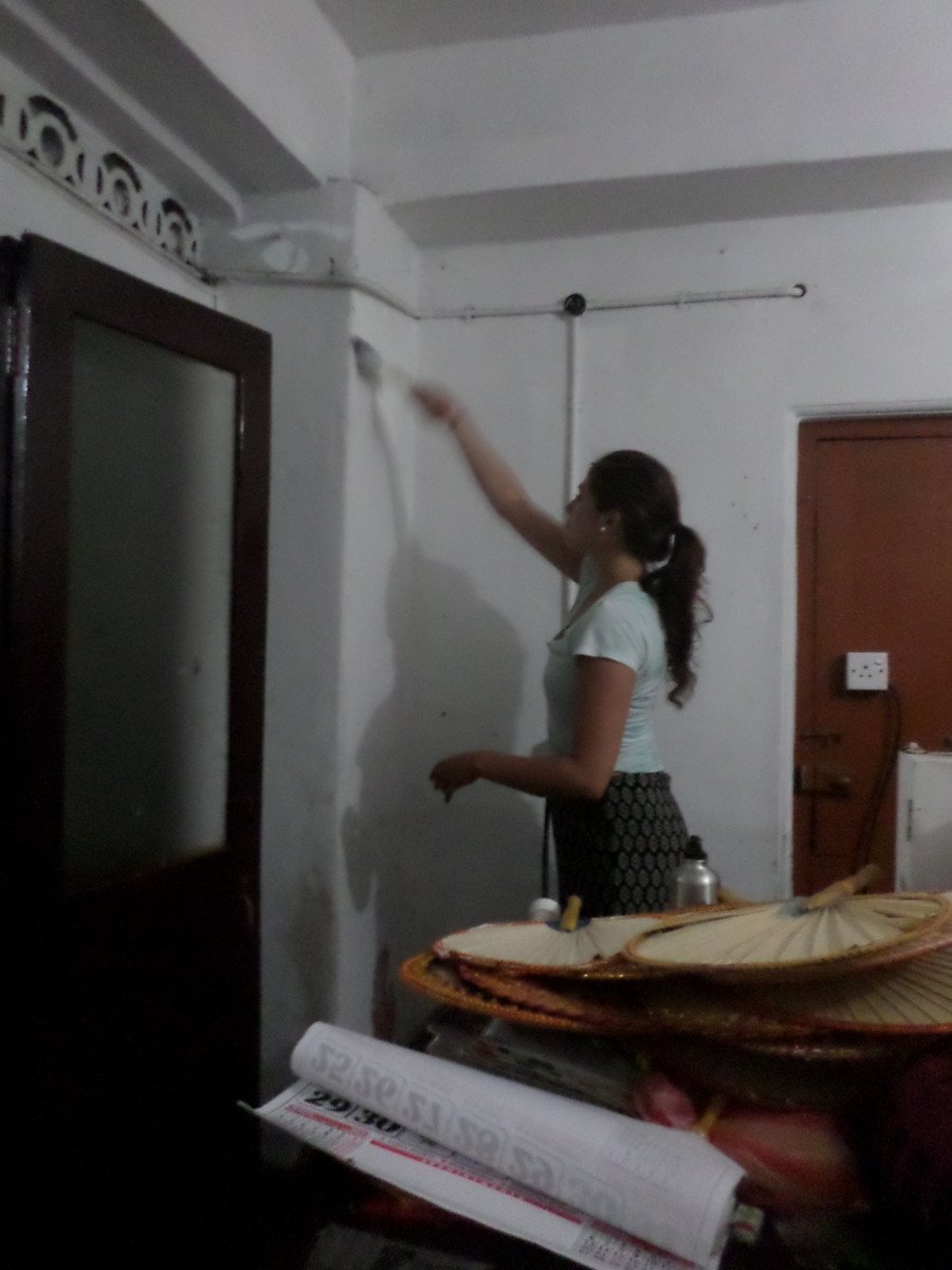 A lady painting a room